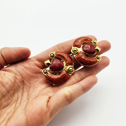 Vintage red enamel clip on earrings