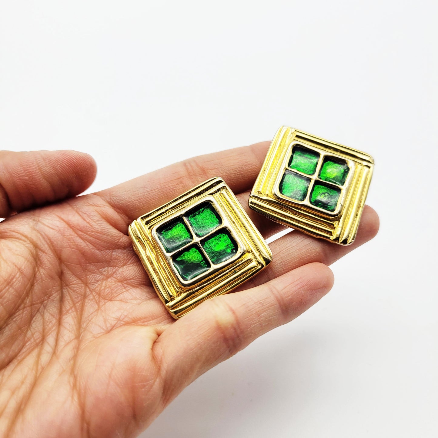 Vintage green enamel clip on earrings
