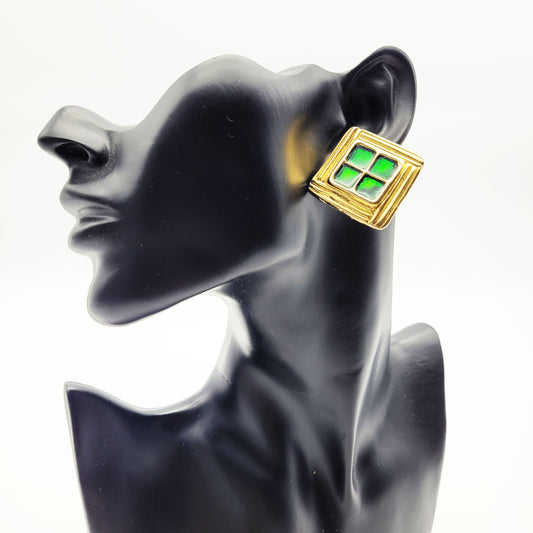 Vintage green enamel clip on earrings