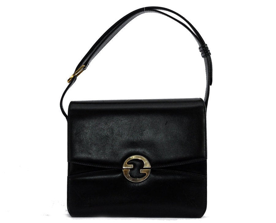 Gucci Vintage Black Leather Horsebit Shoulder Bag