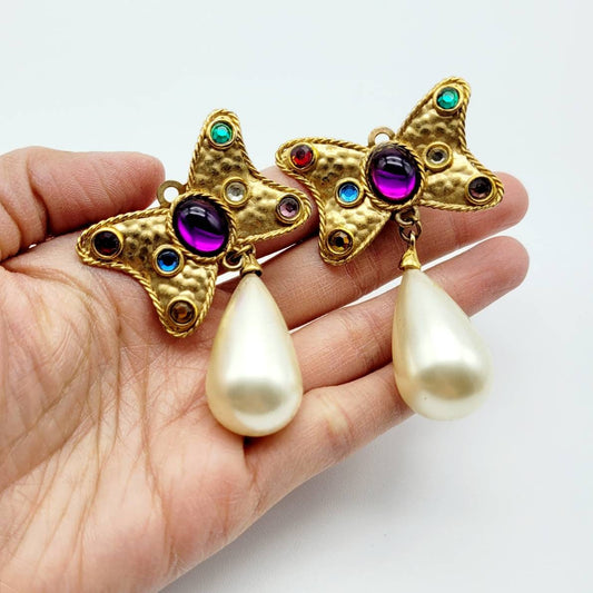Vintage French bow Earrings with purple cabochons - Secondista