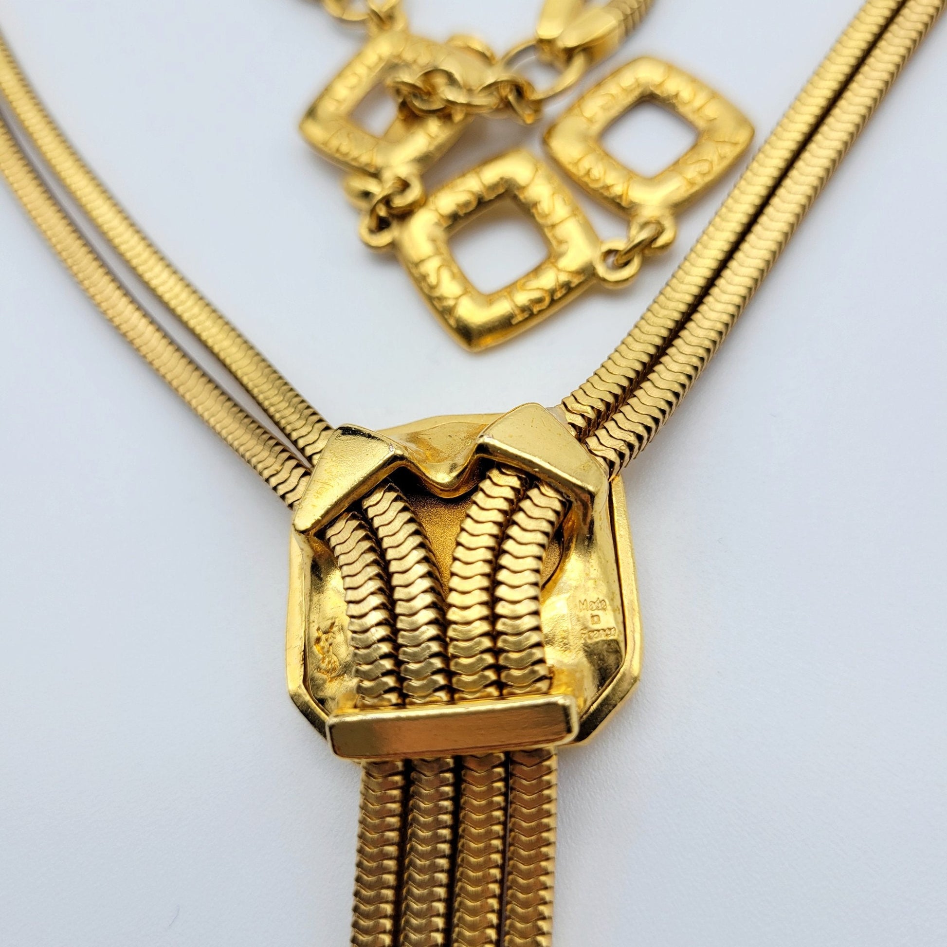 Yves Saint Laurent Crystal & Gold Logo Chain Pendant Necklace